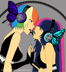 Size: 662x720 | Tagged: dead source, safe, artist:stacyismilyestevez, rainbow dash, twilight sparkle, butterfly, human, g4, duo, female, humanized, lesbian, magnet (vocaloid), ship:twidash, shipping, song reference, vocaloid
