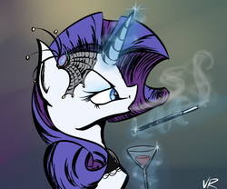 Size: 900x750 | Tagged: safe, artist:nos-talgia, rarity, pony, unicorn, g4, alcohol, bust, cigarette, cigarette holder, drink, female, glass, levitation, lidded eyes, magic, smoke, smoking, solo, telekinesis, wine, wine glass