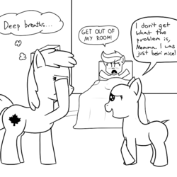 Size: 640x640 | Tagged: safe, artist:coolstorybrony, scootaloo, oc, oc:summerset, g4, bald, cancer, chemotherapy, facehoof, hospital, maple leaf, monochrome, scootaleukemia, tumblr