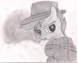 Size: 2112x1696 | Tagged: safe, artist:rayfriedh, scootaloo, g4, cigarette, clint eastwood, clothes, hat, monochrome, smokerloo, smoking, the good the bad and the ugly, the man with no name, traditional art, trenchcoat