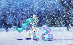 Size: 900x557 | Tagged: safe, artist:lova-gardelius, princess celestia, pony, g4, candle, female, snow, snowfall, solo
