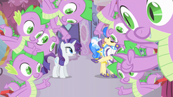 Size: 1280x720 | Tagged: safe, artist:capnpea, edit, edited screencap, screencap, rarity, sapphire shores, spike, dragon, pony, unicorn, a dog and pony show, g4, season 1, female, fimbriae, horn, male, multeity, pit of spikes, pointing, rarity gets all the spikes, ship:sparity, shipping, spike want, straight, wat