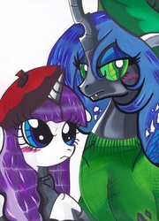 Size: 472x656 | Tagged: dead source, safe, artist:aurora-chiaro, queen chrysalis, rarity, changeling, changeling queen, pony, unicorn, g4, beatnik rarity, beret, blushing, clothes, female, hat