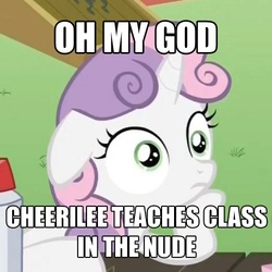 Size: 500x500 | Tagged: safe, edit, edited screencap, screencap, sweetie belle, g4, ponyville confidential, meme, sudden clarity sweetie belle, we don't normally wear clothes
