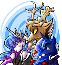 Size: 900x938 | Tagged: safe, artist:tsukimis, discord, princess celestia, princess luna, alicorn, draconequus, pony, g4, crossover, samurai champloo