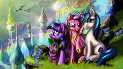 Size: 1920x1080 | Tagged: safe, artist:harwick, princess cadance, shining armor, spike, twilight sparkle, alicorn, dragon, pony, unicorn, g4, canterlot, female, flower, grass, male, mare, physique difference, rock, slender, stallion, thin, wallpaper