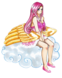 Size: 871x1100 | Tagged: safe, artist:noire-ighaan, fluttershy, human, g4, clothes, cloud, dress, female, humanized, shoulderless, sitting, solo, traditional art, winged humanization