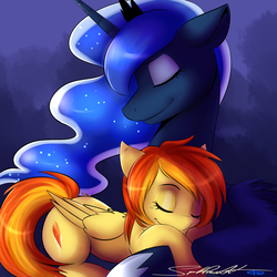 Size: 1600x1600 | Tagged: safe, artist:spittfireart, princess luna, spitfire, g4, female, lesbian, lunafire, shipping, sleeping