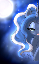 Size: 700x1150 | Tagged: safe, artist:joakaha, princess luna, pony, g4, :3, bedroom eyes, blushing, female, moon, solo, tongue out