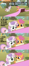 Size: 640x1440 | Tagged: safe, edit, edited screencap, screencap, scootaloo, sweetie belle, g4, the show stoppers, comic, duo, fabric, lyrics, meme, musical instrument, piano, screencap comic, the swan princess