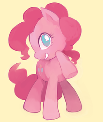 Size: 540x640 | Tagged: safe, artist:sasasami, pinkie pie, earth pony, pony, g4, cute, diapinkes, female, mare, no pupils, profile, simple background, smiling, solo, yellow background