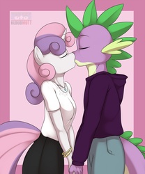 Size: 1280x1536 | Tagged: safe, artist:kloudmutt, spike, sweetie belle, dragon, unicorn, anthro, g4, eyes closed, female, kiss on the lips, kissing, male, ship:spikebelle, shipping, straight