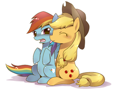 Size: 1600x1200 | Tagged: safe, artist:three, applejack, rainbow dash, g4, female, lesbian, licking, pixiv, ship:appledash, shipping