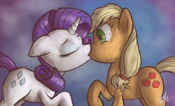 Size: 1024x622 | Tagged: safe, artist:waywardtrail, artist:zestyoranges, applejack, rarity, earth pony, pony, unicorn, g4, duo, eyes closed, female, kiss on the lips, kissing, lesbian, mare, ship:rarijack, shipping