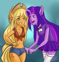 Size: 749x787 | Tagged: safe, artist:uppun, applejack, twilight sparkle, anthro, g4, ambiguous facial structure, belly button, cleavage, clothes, female, front knot midriff, midriff, skirt