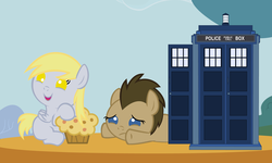 Size: 6000x3600 | Tagged: safe, artist:beavernator, derpy hooves, doctor whooves, time turner, earth pony, pony, g4, baby, baby pony, colt, duo, filly, foal, muffin, tardis