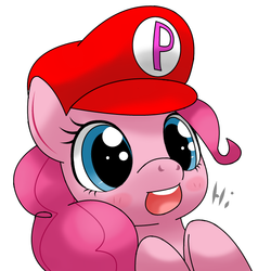 Size: 600x600 | Tagged: safe, artist:hoyeechun, pinkie pie, earth pony, pony, g4, bust, cap, cosplay, crossover, cute, dialogue, diapinkes, female, hat, hi, male, mario, mario pie, mario's hat, open mouth, portrait, simple background, solo, super mario bros., white background