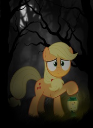 Size: 1000x1366 | Tagged: safe, artist:eugene-joe-c, applejack, earth pony, pony, g4, darkness, everfree forest, female, hatless, lantern, mare, missing accessory, scared, solo