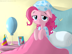 Size: 1024x768 | Tagged: safe, artist:frankier77, pinkie pie, earth pony, pony, g4, bed, bed hair, clothes, female, hat, messy mane, morning ponies, nightcap, pajamas, party hat, solo