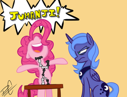 Size: 650x500 | Tagged: safe, artist:palenarrator, pinkie pie, princess luna, pony, g4, angry, bipedal, cheering, chess, frown, glare, happy, jumanji, open mouth, s1 luna, sitting, smiling