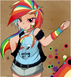 Size: 574x618 | Tagged: dead source, safe, artist:jash1, rainbow dash, human, g4, abstract background, armband, clothes, cutie mark, cutie mark on clothes, female, humanized, shorts, solo, tank top, vest