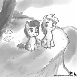 Size: 850x850 | Tagged: safe, artist:johnjoseco, liza doolots, petunia, pipsqueak, scootaloo, tootsie flute, truffle shuffle, earth pony, pony, g4, colt, duo, female, filly, grayscale, hearts and hooves day, hearts and hooves day cards, holiday, male, monochrome, pipsie flute, request, shipping, sitting, straight, valentine's day, valentine's day card