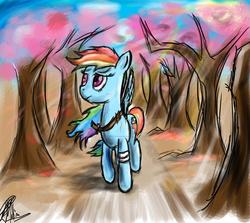 Size: 1698x1516 | Tagged: safe, artist:peperoger, rainbow dash, g4, bandage, forest, sword