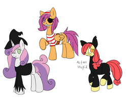 Size: 1280x1004 | Tagged: safe, artist:tails-doll-lover, apple bloom, scootaloo, sweetie belle, cat, g4, costume, cutie mark crusaders, eyepatch, kitty bloom, nightmare night, pirate, teenage crusaders answers, teenager, witch