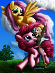 Size: 1536x2048 | Tagged: safe, artist:deathpwny, fluttershy, pinkie pie, earth pony, human, pegasus, pony, g4, andrea libman, female, mare, ride to conquer cancer, voice actor