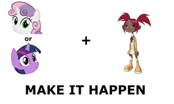 Size: 1337x796 | Tagged: safe, sweetie belle, twilight sparkle, human, pony, robot, robot pony, unicorn, g4, all caps, exploitable meme, female, filly, foal, horn, make it happen, meme, meta, sari sumdac, sweetie bot, text, transformers, transformers animated, voice actor joke