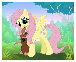 Size: 700x567 | Tagged: safe, artist:dolphydolphiana, fluttershy, bird, kiwi, pegasus, pony, g4, cute, eyes closed, female, grass, grin, mare, nature, nuzzling, smiling, spread wings, tree