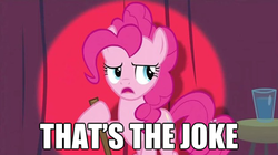 Size: 500x280 | Tagged: safe, edit, edited screencap, screencap, pinkie pie, earth pony, pony, baby cakes, g4, season 2, female, image macro, male, ponified meme, solo, stand-up comedy, that's the joke, the simpsons