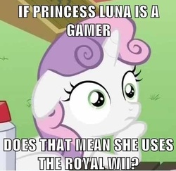 Size: 460x448 | Tagged: safe, edit, edited screencap, screencap, sweetie belle, gamer luna, g4, ponyville confidential, season 2, meme, pun, speculation, sudden clarity sweetie belle, wii