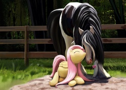 Size: 1200x857 | Tagged: safe, artist:lostdragon01, fluttershy, oc, gypsy vanner, horse, g4, cute, eyes closed, female, flower, horse-pony interaction, male, nuzzling, pregnant, prone, shipping, smiling, straight