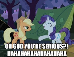 Size: 764x590 | Tagged: safe, edit, edited screencap, screencap, applejack, rarity, earth pony, pony, unicorn, g4, sisterhooves social, caption, horn, image macro, laughing, reaction image, tent