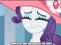 Size: 822x609 | Tagged: safe, edit, edited screencap, screencap, rarity, pony, unicorn, g4, sweet and elite, caption, female, hat, indigestion, mare, out of context, solo