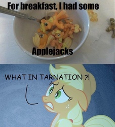 Size: 500x551 | Tagged: safe, applejack, g4, apple jacks, bad pun, breakfast is ruined, cereal, comic, comic sans, namesake, pun, visual pun, what in tarnation