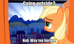 Size: 1196x720 | Tagged: safe, edit, edited screencap, screencap, applejack, earth pony, pony, g4, the cutie mark chronicles, caption, female, filly, image macro, manehattan, mare, sad