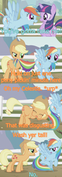 Size: 400x1131 | Tagged: safe, applejack, rainbow dash, twilight sparkle, g4, bad hygiene, comic, running gag, tail