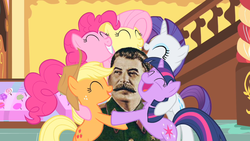 Size: 900x506 | Tagged: safe, artist:federalelephant, applejack, fluttershy, pinkie pie, rarity, twilight sparkle, human, g4, group hug, happy, hug, josef stalin