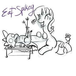 Size: 900x900 | Tagged: safe, artist:moronsonofboron, rarity, spike, dragon, unicorn, g4, female, grayscale, horn, julian smith, male, monochrome, parody, scared, ship:sparity, shipping, simple background, straight, table, white background