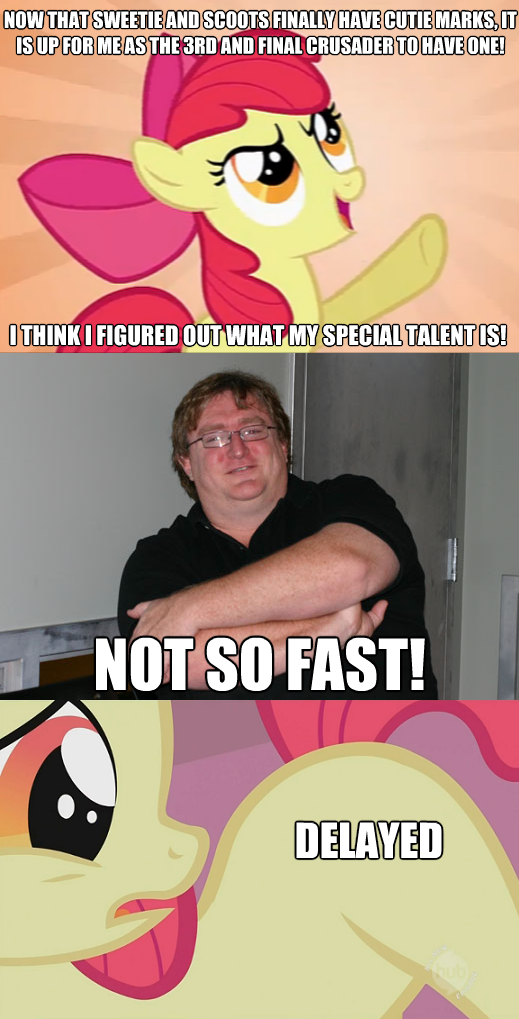 112103 - safe, apple bloom, g4, caption, gabe newell, greatest internet  moments, half life 3 confirmed, hilarious in hindsight, valve logic, we are  going to hell, worth the weight - Derpibooru