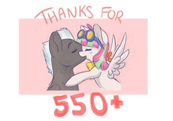 Size: 1280x890 | Tagged: safe, artist:indiefoxtail, blossomforth, thunderlane, pegasus, pony, ask blossomforth, g4, ask, bandana, cute, eyes closed, female, goggles, kissing, male, mare, ship:blossomlane, shipping, smiling, spread wings, stallion, straight, thank you, tumblr