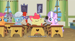 Size: 639x353 | Tagged: safe, screencap, apple bloom, diamond tiara, princess celestia, scootaloo, silver spoon, sweetie belle, truffle shuffle, twist, earth pony, pony, family appreciation day, g4, classroom, colt, male, meme, ponyville schoolhouse, youtube caption