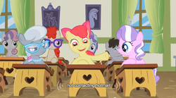 Size: 634x352 | Tagged: safe, screencap, apple bloom, diamond tiara, liza doolots, petunia, princess celestia, silver spoon, sweetie belle, tootsie flute, truffle shuffle, twist, earth pony, pony, family appreciation day, g4, classroom, colt, faic, male, meme, ponyville schoolhouse, rapeface, youtube caption