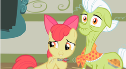 Size: 641x352 | Tagged: safe, edit, edited screencap, screencap, apple bloom, granny smith, earth pony, pony, family appreciation day, g4, caption, female, filly, foal, long neck, mare, text, youtube caption