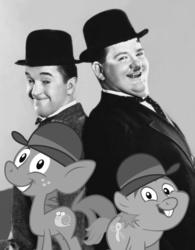 Size: 850x1087 | Tagged: safe, snails, snips, g4, black and white, customized toy, derby (hat), grayscale, irl, laurel and hardy, photo