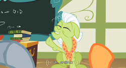 Size: 636x347 | Tagged: safe, screencap, granny smith, scootaloo, silver spoon, family appreciation day, g4, meme, ponyville schoolhouse, youtube caption