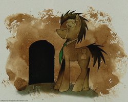 Size: 1280x1022 | Tagged: safe, artist:industrial-echoplex, doctor whooves, time turner, earth pony, pony, g4, crossover, doctor who, grave, gravestone, graveyard, sad, solo, the doctor