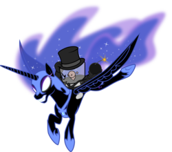 Size: 1280x1126 | Tagged: safe, artist:groxy-cyber-soul, nightmare moon, alicorn, pony, g4, bomb, dr. fetus, female, flying, hat, mare, simple background, spread wings, super meat boy, top hat, transparent background, wings